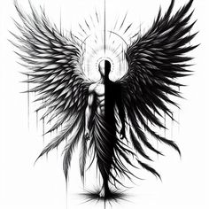 black and white drawing of an angel with large wings on it's back side