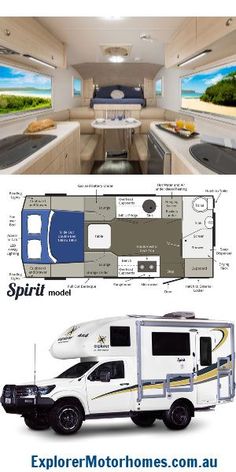 an advertisement for the spirit motorhomes camper with pictures of interior and exterior