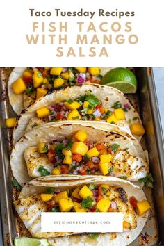 fish tacos with mango salsa on a tray