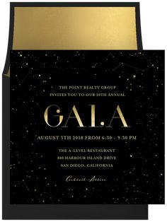 an elegant black and gold gala party card with the word gala written in gold foil