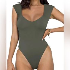 Brand New Roo Ria Amazon Sleeveless Swimwear For The Beach, Fitted Sleeveless Swimwear By Amazon, Amazon Spring Beach Swimwear, Amazon Stretch Swimwear For Summer, Amazon Tops, White Spandex, Cute V, Green Bodysuit, Strappy Tank Tops