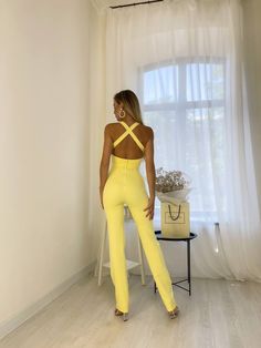 Monika Backless Jumpsuit – One Million Baby Korean Jeans, Jumpsuit Pants, Slim Girl, Yellow Sky, Backless Jumpsuit, Crafts For Girls, One Million, Clothing Hacks, Pants Length