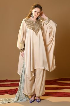 Ivory kaftan with handwork dabka and pearl embroidery. Paired with a pearl embroidered palazzo and a floral print dupatta. - Aza Fashions Women Kurta, Pearl Embroidery, Pakistani Wedding Outfits, Palazzo Set, Vogue India, Indian Embroidery, Satin Color, Wedding Outfits, Pakistani Wedding