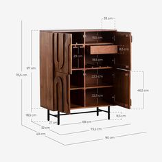 an image of a wooden cabinet with measurements for the doors and drawers on each side