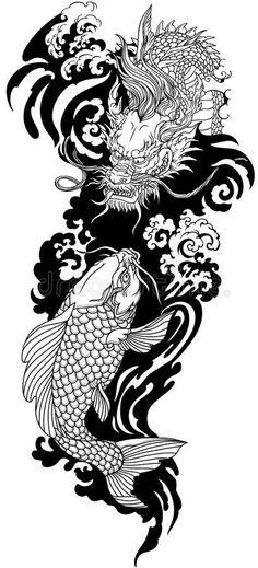 two koi fish in the water with waves and clouds on it's back