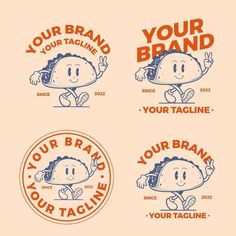 four stickers with the words your brand, your tagline and your taco