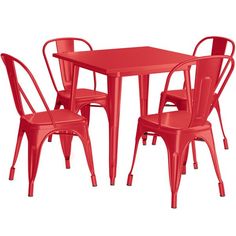 a red table and four chairs with one chair up to the other, set against a white background