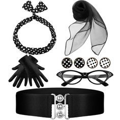 PRICES MAY VARY. Quantity Combination: the package contains 10 pieces of 50s accessories for women, including 1 chiffon scarf, 1 pair glasses, 1 bandana tie headband, 2 pairs earrings, 1 pair gloves and 1 waistband, ample and rich in combination to match clothes for party Adjustable and Flexible: the bandana tie headband has bendable metal wire inside, which can fix on your head firmly; Chiffon scarf is long enough to fit most women; Waistband is elastic, suitable for most waistlines; Glasses, e Adjustable Retro Costume Accessories For Costume Party, Vintage Black Costume Accessories For Party, Retro Black Costume Accessories For Party, Vintage Black Adjustable Costume Accessories, Black Adjustable Vintage Costume Accessories, Black Retro Party Costume Accessories, Retro Black Party Costume Accessories, 50s Accessories, Carnival Dress