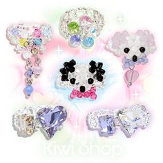 six different styles of brooches with bows and hearts on them, all in pastel colors