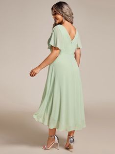 Plus Size Double V-Neck Ruffles Sleeve Chiffon Midi Wedding Guest Dress #color_Mint Green Burgandy Wedding Dress, Redprom Dresses, Semi Formal Wedding Attire, Wedding Miscellaneous, Midi Wedding Guest Dress, Sky Blue Bridesmaid Dresses, Formal Wedding Attire, Xmas Wedding, Dress Ruffles