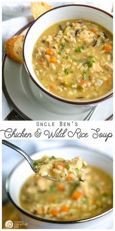 chicken and wild rice soup is shown in two different bowls, one with a spoon