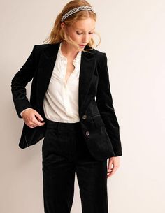 The Marylebone Velvet Blazer - Black | Boden US Black Blazer Women, Black Velvet Suit, Jacket Outfit Women, Smart Jackets, Velvet Trousers, Revere Collar, Tuxedo Jacket, Fitted Style, Velvet Blazer