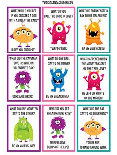 monsters valentine's day cards with the words, what do you mean? and two different