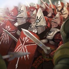 a group of knights standing next to each other on top of red boxes and swords