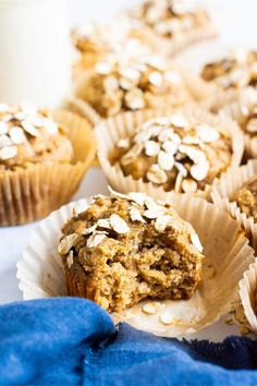 muffins with oatmeal in the middle and blue napkin on the side