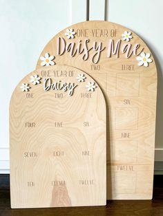 two wooden plaques with the words one year of daisy mae on them, and flowers