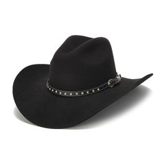 Unsure of what a Dropship item is? Click this link so you are fully informed prior to your purchase!  The 100X Wool Felt in this hat is high quality, long lasting, and soft for comfortable wear. This hat will complete any outfit with its trendy, skinny leather belt-style band featuring rhinestones along the front. Perfect for the stylish western lover who wants an elegant touch of glamour, day or night.*Center dent style crown with upturned side brims*Skinny leather belt band with Rhinestones an Brown Cowboy Hat, Black Cowboy Hat, Outback Hat, Black Cowboys, Felt Cowboy Hats, Black Cowboy, Mini Studs, Belt Style, Western Hats