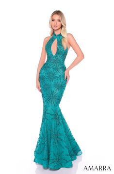 Look super cute in this bead embellished long sleeveless halter dress with fitted mermaid skirt by Amarra 88139. This exquisite evening gown enchants with its intricate patterns of shimmering beadwork and sequins, casting a mesmerizing glow wherever you go. Embracing a halter neck design, it boasts a tantalizing keyhole cutout at the front, adorned with the same lavish embellishments that grace the entirety of the gown. Sleeveless and form-fitting, it traces the curves of your silhouette, culmin Fitted Bodice Halter Dress For Gala And Prom Season, Halter Neck Evening Dress With Fitted Bodice For Prom, Fitted Bodice Halter Neck Evening Dress For Prom Season, Glamorous Mermaid Silhouette Dress For Prom Season, Glamorous Mermaid Silhouette Dress With Sweep Train, Halter Neck Embellished Dress For Prom, Fitted Sleeveless Mermaid Dress For Pageant, Halter Neck Embellished Dress For Prom Season, Glamorous Dresses With Fitted Bodice And Mermaid Silhouette