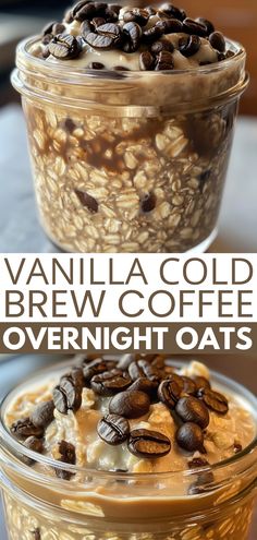 vanilla cold coffee overnight oats in a glass container