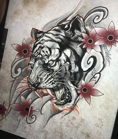 a drawing of a tiger with red flowers on it's chest and back side