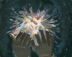 a painting of hands holding something in front of their face with the light shining through them