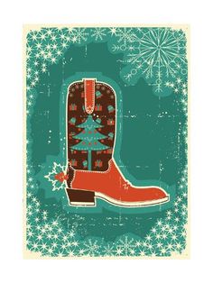 a christmas card with boots and snowflakes