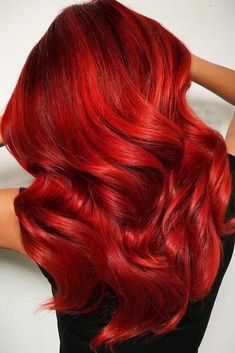 Bright Red Balayage Hair, Intense Red Hair Color, Vivid Red Hair Color, Blood Red Hair Color, All Red Hair, Hot Red Hair Color, Scarlet Red Hair, Vivid Red Hair, Different Shades Of Red Hair