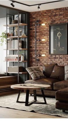 a living room filled with furniture and brick walls