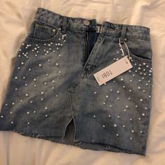 Never Been Worn! High-Waisted, Pearl Studded Jean Skirt. Size 26 New With Tags Studded Jeans, Jean Skirt, Pearl Studs, Soul Food, Blue And Silver, Checks, Womens Skirt, Color Blue, Cute Outfits