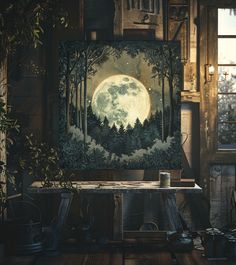 an image of a full moon in the sky above trees and plants on a table