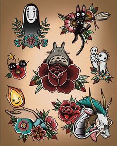 an assortment of tattoo stickers on a brown background with flowers and skulls in the center