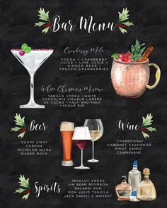 a chalkboard menu with drinks on it and the names of different types of beverages