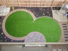 an overhead view of a backyard with grass