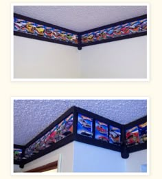 three different views of the ceiling in a room with white walls and blue tints