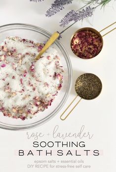 DIY soothing bath salts | epsom salts + essential oils + dried lavender and rose petals | easy self care treat yo self via @mollieannmason Rose Bath Salts Recipe, Rose Bath Salts Diy, Rose Petal Bath Salts, Easy Self Care, Rose Bath Salts, Rose Petal Bath, Skincare Recipes