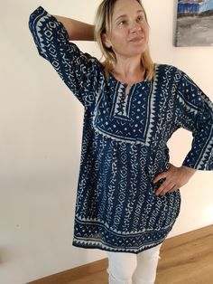 Blockprint cotton tunic Indigo organic tunic Cotton Boho Dress With Boho Print For Festival, Summer Cotton Boho Festival Dress, Casual Cotton Blouse With Boho Print, Cotton Bohemian Dress With Block Print, Casual Long Sleeve Dress With Ikat Print, Cotton Boho Dress With Boho Print, Casual Long Sleeve Ikat Print Dress, Cotton Split Neck Tops For Beach, Summer Cotton Boho Dress With Boho Print