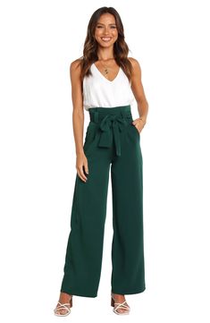 Wide legs punctuate these tailored pants designed with a drapey tie belt and crisp pleats. Zip fly with hook-and-bar closure Front slant pockets Removable tie belt Lined 100% polyester Hand wash, dry flat Imported