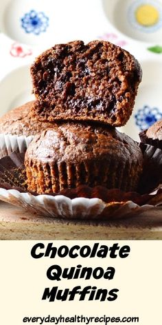 chocolate quinoa muffins are stacked on top of each other with the words, chocolate quinoa muffins