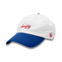 Dad Hat white with blue rim and red Sunday Golf Logo front shot Coral Forest, Golf Hats, Old Glory, Old Man, Dad Hat, Classic Collection, Carry On Bag, Golf Bags, White Green