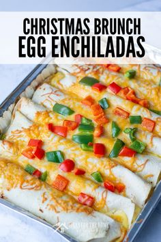 an easy breakfast enchiladas recipe in a pan with the title overlay