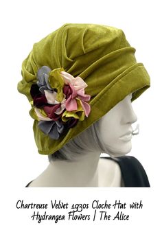 Chartreuse Velvet 1930s Cloche Hat with Hydrangea Flowers | The Alice https://www.bostonmillinery.com/products/chartreuse-velvet-1930s-cloche-hat-with-hydrangea-flowers-the-alice Chartreuse Velvet, 1930s Hats, Fun Hats, Bespoke Hats, Hydrangea Colors, Hat Stand, Velvet Scarf, Soft Hats, Brooch Handmade