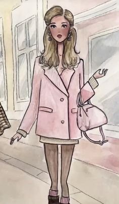 a drawing of a woman in a pink coat and skirt walking down the street with a handbag