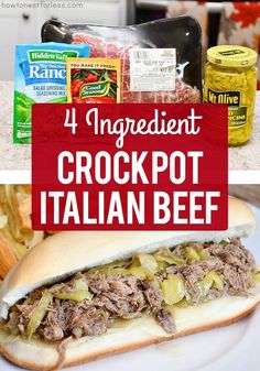 an italian beef sandwich on a white plate with the words 4 ingredient crock pot italian beef