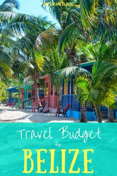 the beach with palm trees and colorful houses in the background text reads travel budget for belize