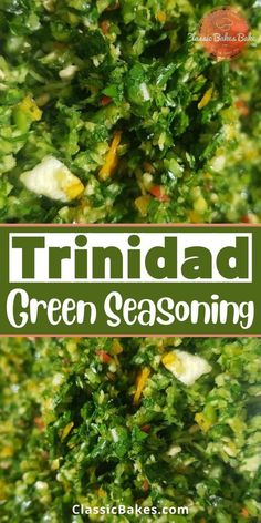 the words, trimad green seasoning are in front of an image of a tree