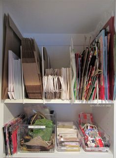 the shelves are filled with many different types of crafting supplies and paper folders