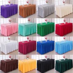 many colors of table cloths with different designs