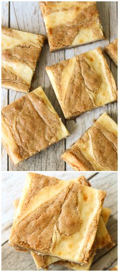 cream cheese blondies cut into squares on top of a wooden table with text overlay