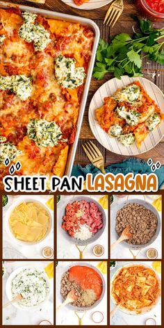 a collage of photos showing different types of lasagna