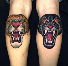 two men with tattoos on their legs that look like they have tigers and leopards on them